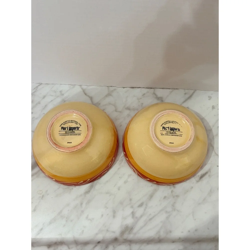 Pier 1 Imports Hand Painted Ceramic Olive Bowls‎ Spain Set of 2 Yellow Red 5.5in